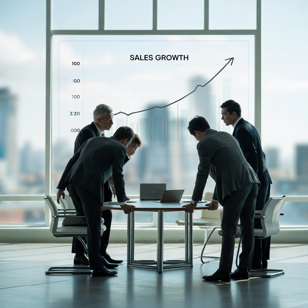 Groupe de professionnels en réunion analysant un graphique de croissance des ventes